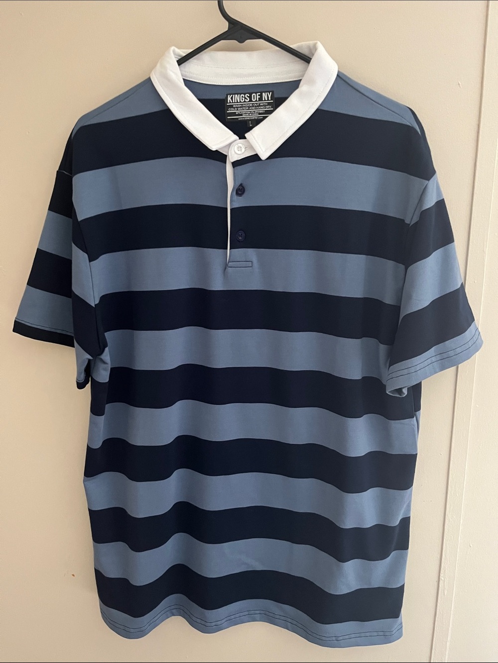 Men's Navy & Light Blue Striped Polo with White Collar